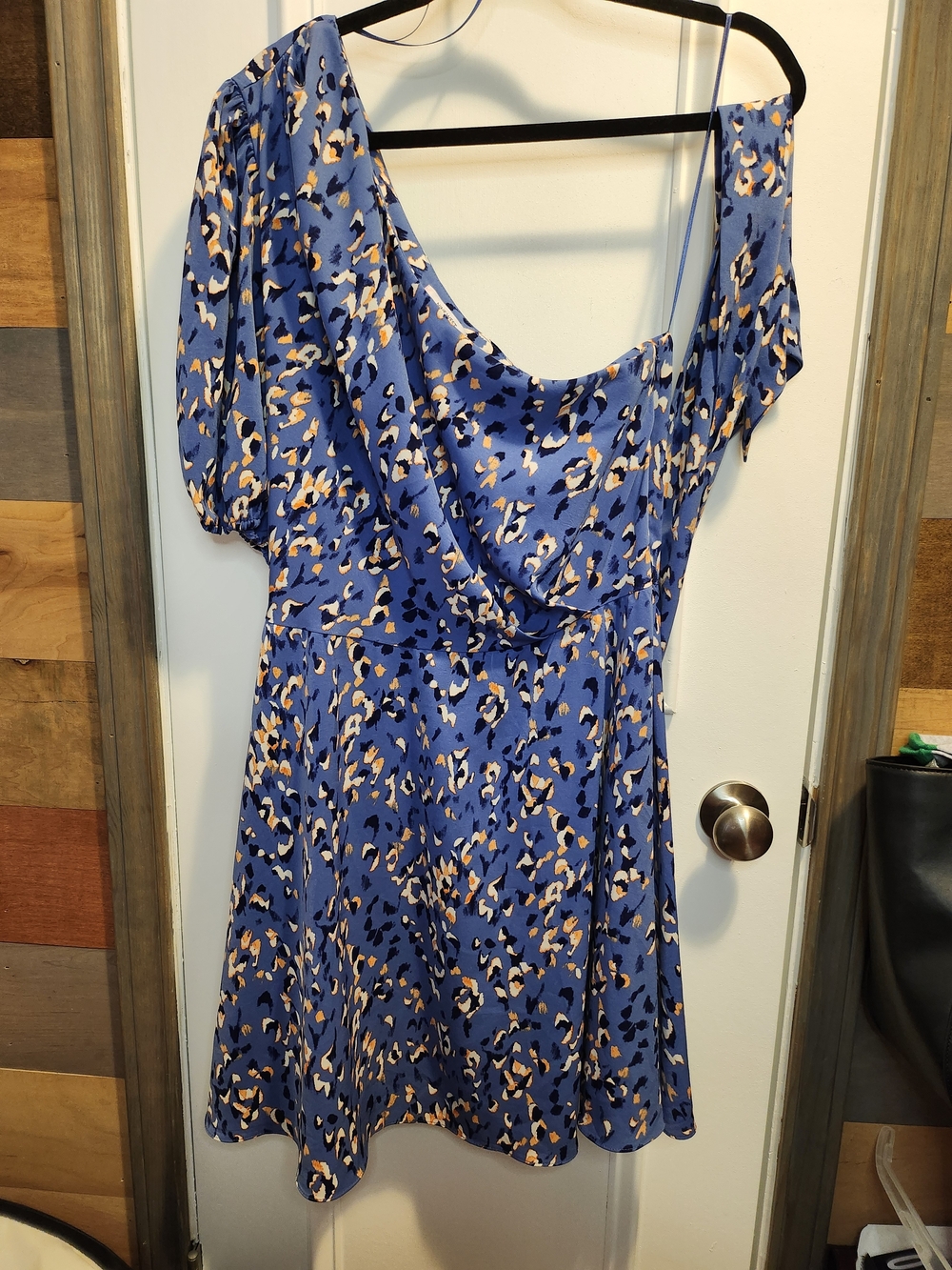 Nine West Blue One-Shoulder Animal-Print Dress with Tan and Black Spots